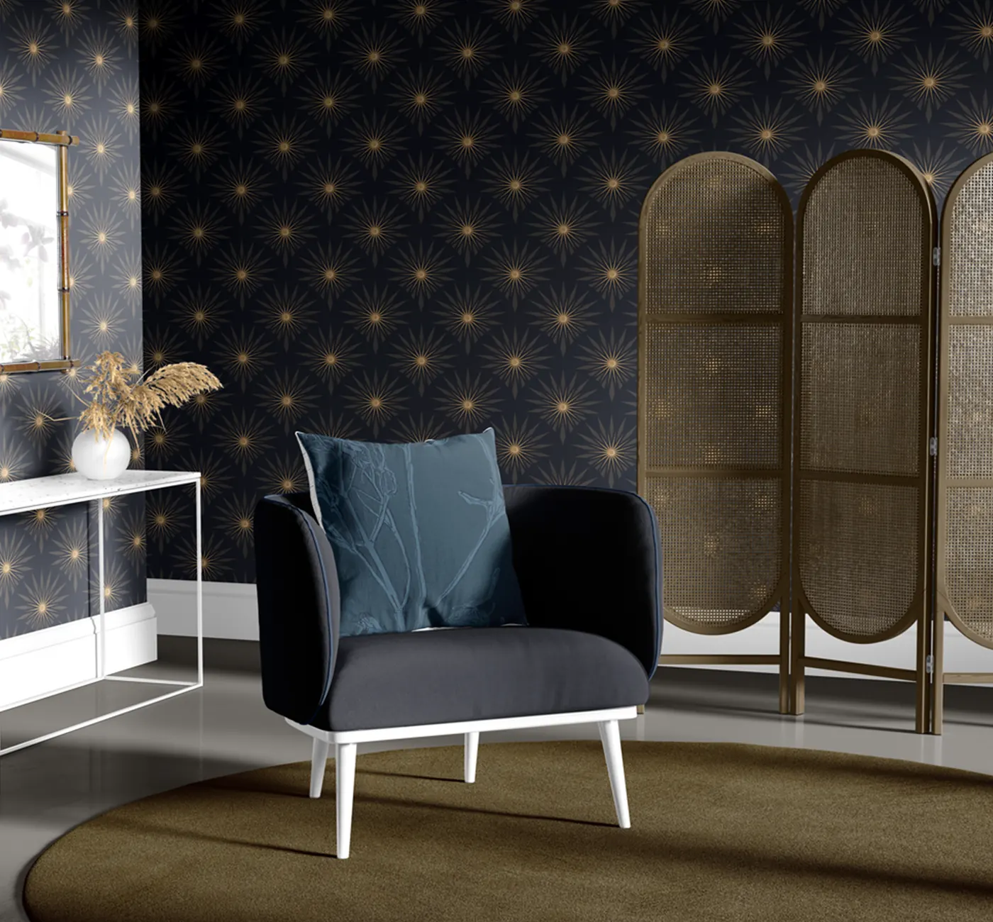 Living room with Westbrook Findings starburst wallpaper