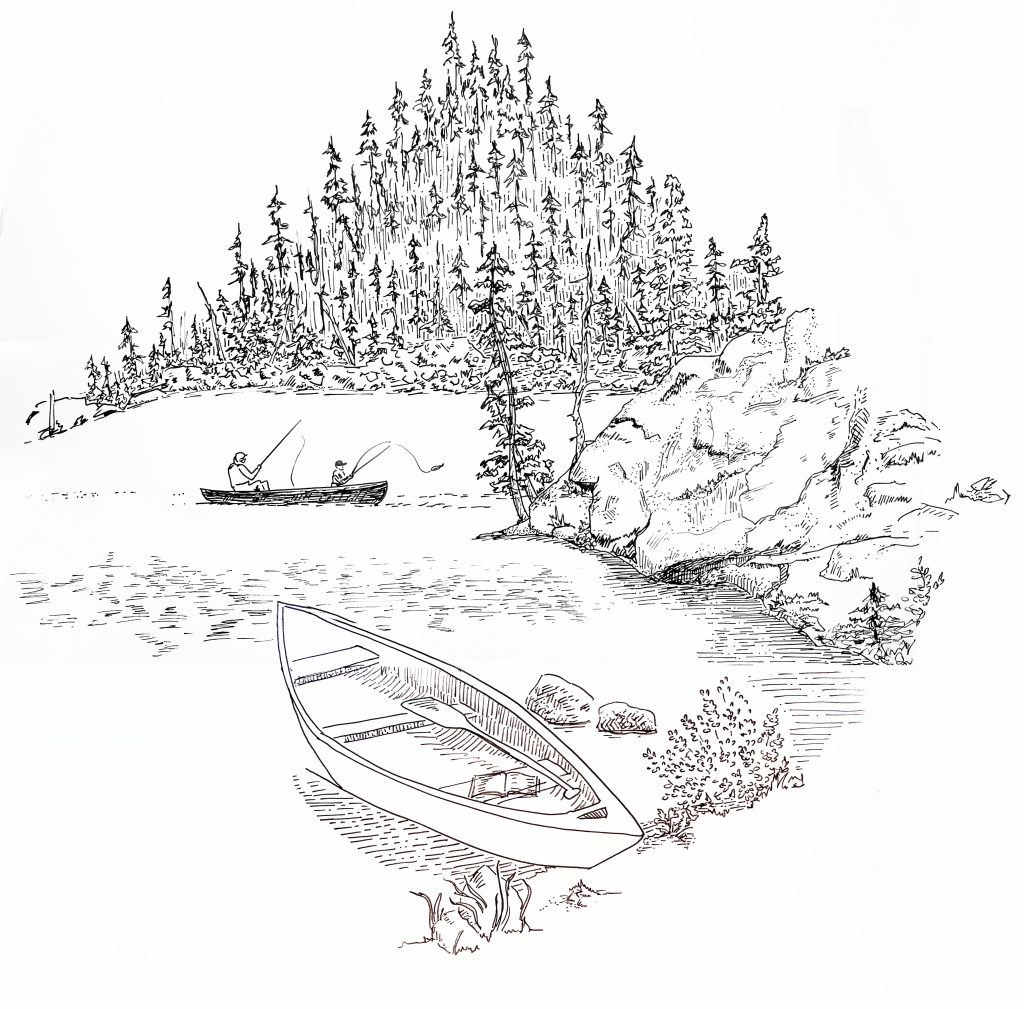 A hand-drawn illustration depicting a serene lake scene with a canoe in the foreground and two people fishing in another canoe on the water. Pine trees and rocky terrain surround the lake, conveying a tranquil outdoor setting.