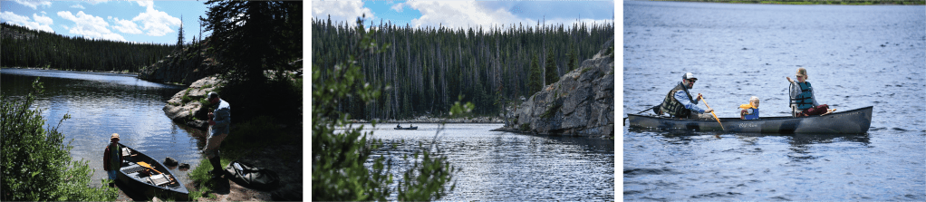 A scenic view of Bear Lake, featuring canoes along the shore and a family fishing on the water surrounded by pine trees and picturesque mountains.