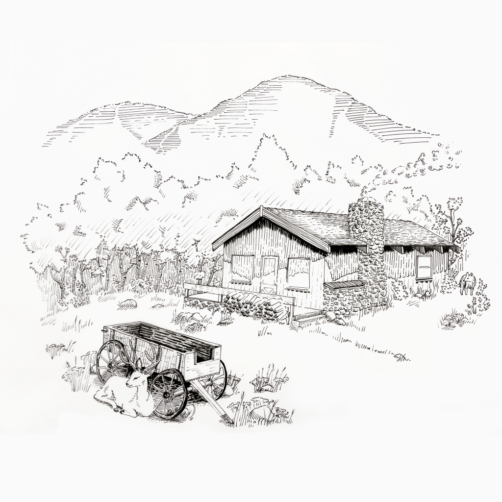 Illustration of a rustic cabin in a mountainous setting, featuring a stone chimney and a nearby abandoned wagon with a resting animal.
