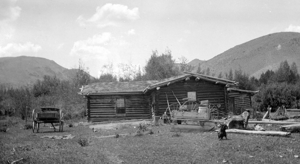Historic log cabin in Wyoming, surrounded by mountains and a rustic landscape, featuring a wooden wagon and overgrown yard.