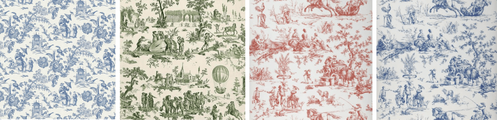 A collection of four different Toile de Jouy patterns with distinct scenes, showcasing a variety of colors: blue, green, red, and blue on an off-white background.