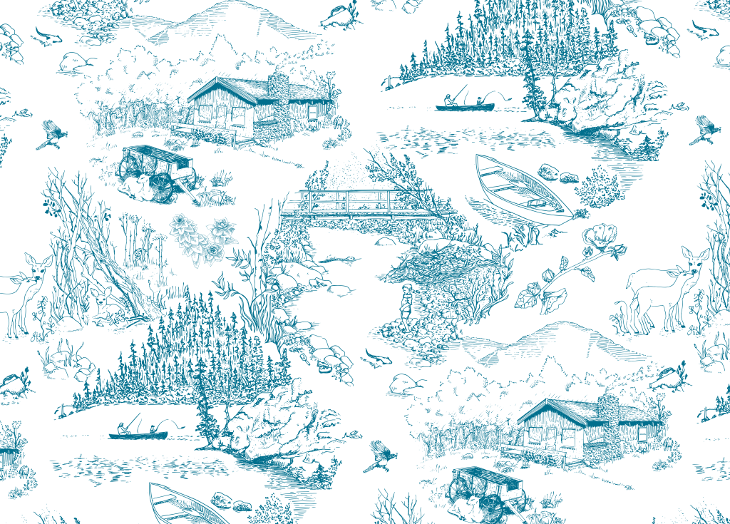 A detailed Toile de Jouy pattern featuring scenes of nature, a cabin, animals, and fishing activities, in an illustrative style with a turquoise color scheme.